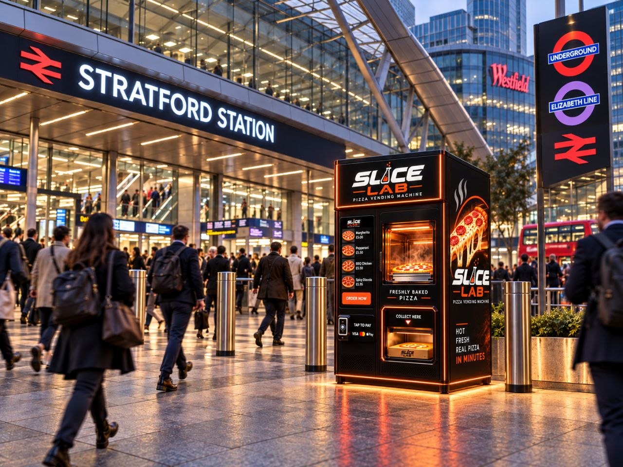 Illustrative pizza-vending concept in an example transport environment; no installation implied